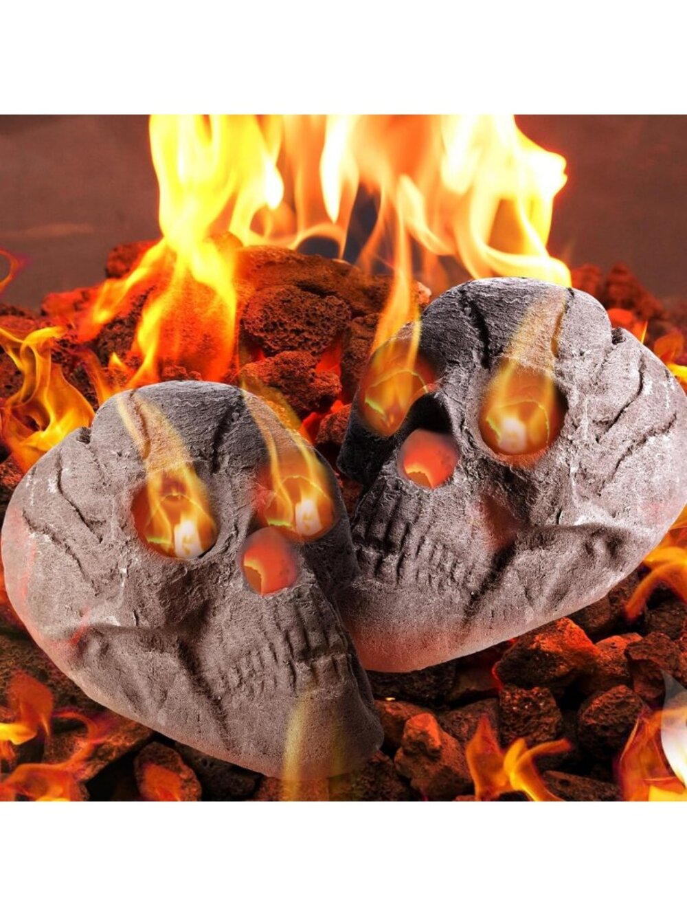 2 Pack Ceramic Skull Fire Pit Decor - 8.7 in Halloween Home Accent, Gray